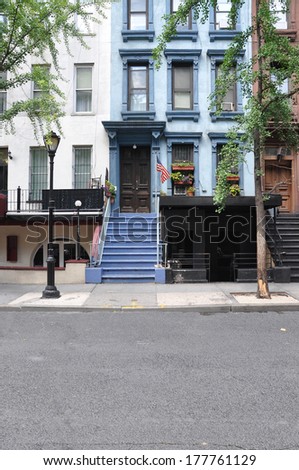 American Flag Pole Brownstone Home Painted Blue New York USA