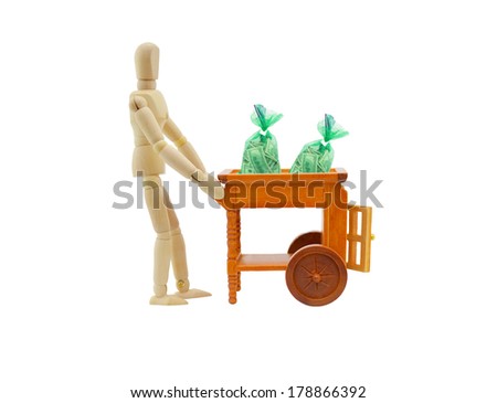 Wood Cart Filled with Sacks of Money isolated on white background