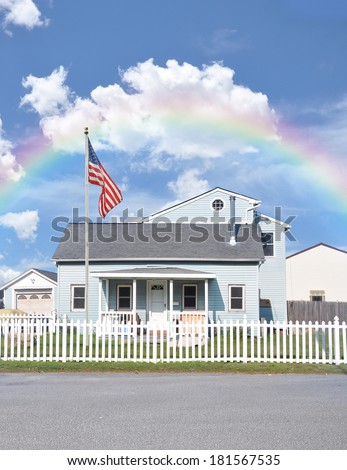 Rainbow Suburban Home White Picket Fence American Flag residential neighborhood usa blue sky clouds