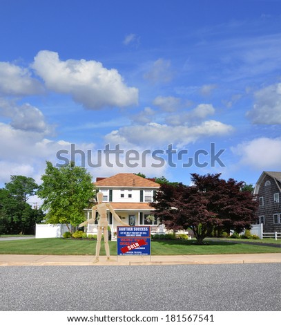 Sold Real Estate Sign American Foursquare style suburban home residential neighborhood usa blue sky clouds