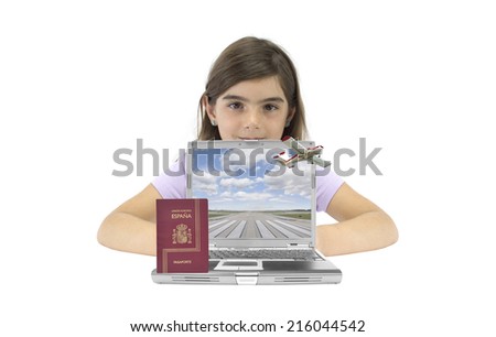 European Union Spain Passport on laptop with airport runway on the screen and aircraft flying out of monitor little girl looking at camera isolated on white background