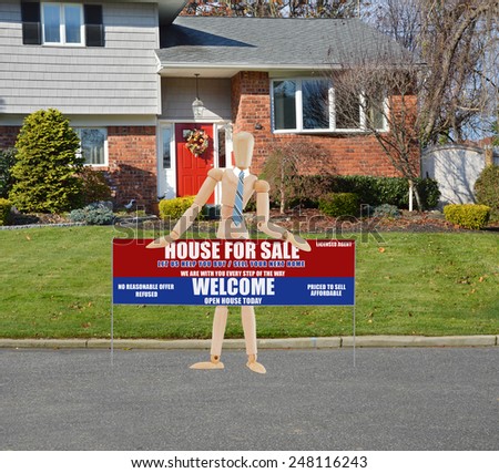 Mannequin holding Real estate for sale open house welcome sign suburban brick high ranch home sunny residential neighborhood USA