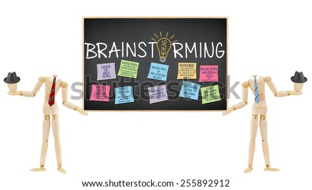 Brainstorming post it notes blackboard: Choose Right People, Break Free Preexisting Beliefs, Quarantine Idea Crushers, Divide and Conquer Subgroups, Promote Discussion. Mannequins holding head