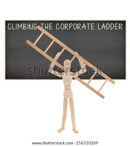 Smiling happy  Mannequin holding ladder standing in front of black board Climbing the Corporate Ladder isolated on white background