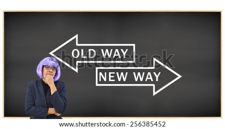 Woman with Purple hair Blackboard with Old Way New Way Arrows isolated on white background