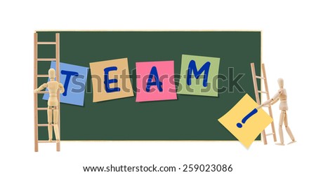 Mannequins collaborating climbing Team Work Post it notes Blackboard isolated on white background