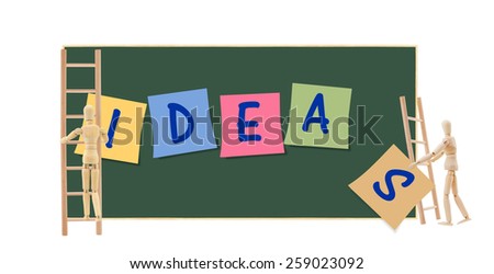 Mannequins collaborating climbing Ideas Post it notes Blackboard isolated on white background