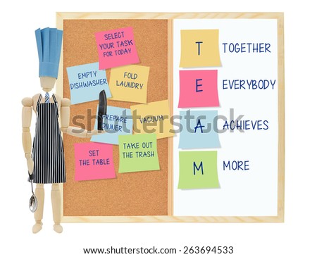 Team (Together Everybody Achieves More) Chef holding knife and ladle Post it notes(fold laundry, prepare dinner, empty dishwasher, set table, vacuum, set table) cork white board