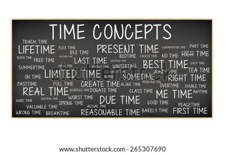 Time Concepts Blackboard: Present, Best, Limited, Last, Lifetime, Flex, Reasonable, Actual, Due, Real, pasttime, alone, bedtime, wintertime, worst, idle, good, spring, overtime, crazy, peace, donate