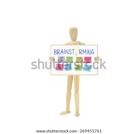 Brainstorming: Choose the right people, Divide and Conquer, Promote Discussion, Think Tank, Quarantine Idea Crushers, wood mannequin holding whiteboard isolated on white background