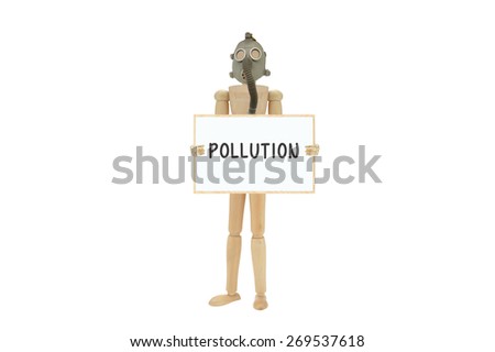 Pollution gas mask whiteboard Wood mannequin isolated on white background