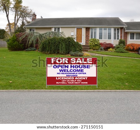 Real estate for sale open house welcome sign Suburban Ranch Home Landscaped Residential neighborhood USA Overcast Sky