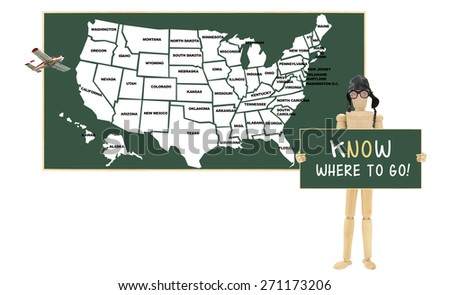 KNOW Where to Go Airplane flying across Classroom Chalkboard Mannequin wearing goggles and aviation hat holding chalkboard KNOW Where To Go / NO Where to Go isolated on white background
