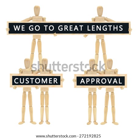 Customer Service: We Go To Great Lengths blackboard sign wood Mannequins isolated on white background