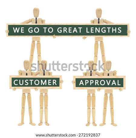 Customer Service: We Go To Great Lengths chalkboard sign wood Mannequins isolated on white background