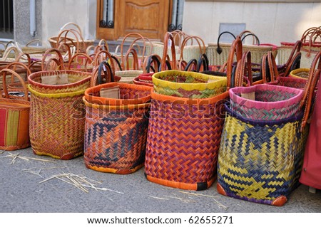 Shopping Bags at Street Market Handcrafted Colorful Weaved Baskets