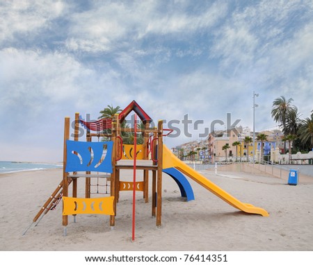 Outdoor Children Playground Jungle Gym Equipment on Sandy Beach in Costa Blanca Villa Joiosa Alicante Spain Europe