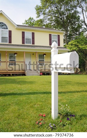 Residential Mailbox on Suburban Lawn Home in Background during early morning light