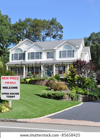 Real Estate Open House Welcome For Sale Sign on Front Yard Lawn of Large Luxury Beautiful Landscaped Suburban Residential Neighborhood Home