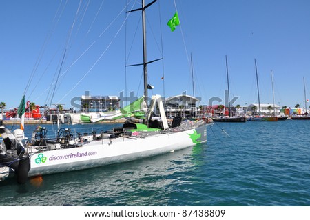 ALICANTE, SPAIN - OCT 25: Ireland\'s Sailboat in docked across from confirmed teams, France, Arabia and China\'s sailboats along 2011-2012 Volvo Ocean Race village in Costa Blanca Alicante Oct 25, 2011.