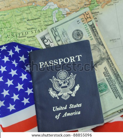 American Passport Money Flag on Map Background