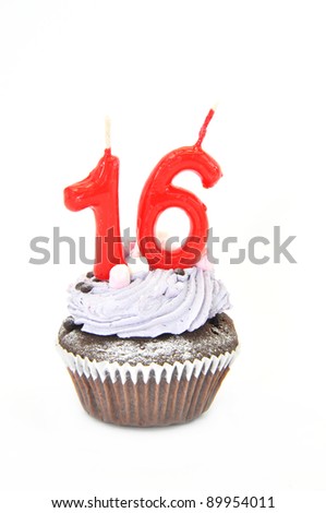 Sweet Sixteen Birthday Chocolate Cupcake isolated on white background