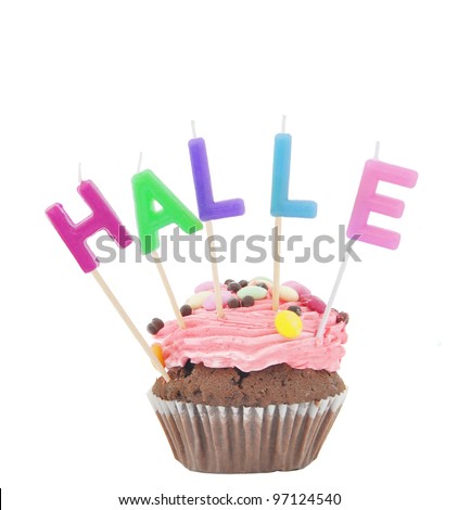 Chocolate Cupcake with Icing, Decoration Girl Name Halle isolated on white background