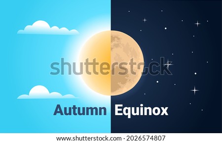 Vector illustration of half sun and half moon as autumn equinox, day and night equal 12 hours. Early fall astronomy. Nights become longer than Days in the Northern Hemisphere.	