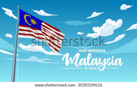 Vector illustration, Malaysian flag fluttering against a blue sky background, with the text 