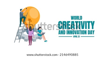 Vector illustration of a bulb and cog, with tiny characters, as a banner, poster or template on world creativity and innovation day.