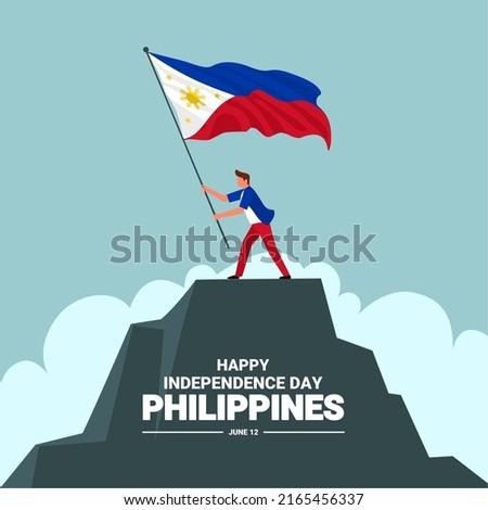 Philippines independence day banner, Young man waving flag on hill, as independence symbol, vector illustration.