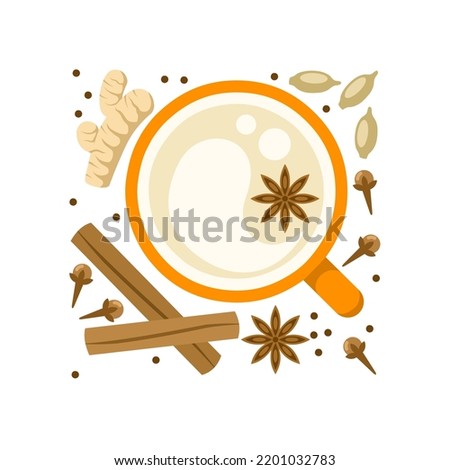 Vector illustration, Masala chai, Indian drink, Black tea with milk and spices. isolated on white background.