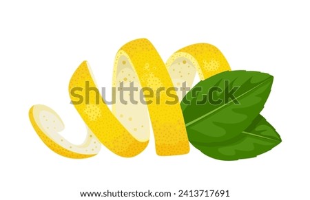 Vector illustration, lemon peel with green leaves, isolated on white background.