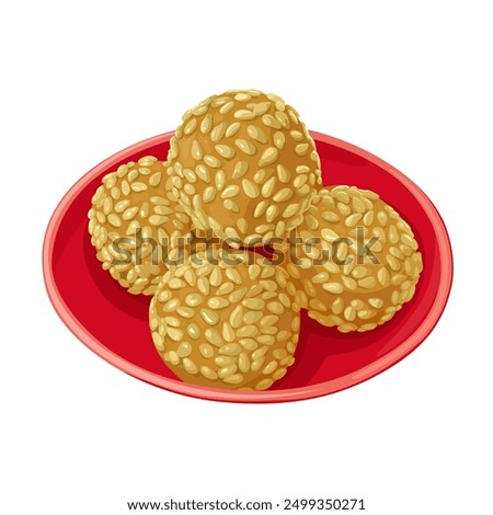 Vector illustration of mini Onde Onde, a bite-sized snack, made from glutinous rice flour with green bean and palm sugar filling, topped with sesame seeds.