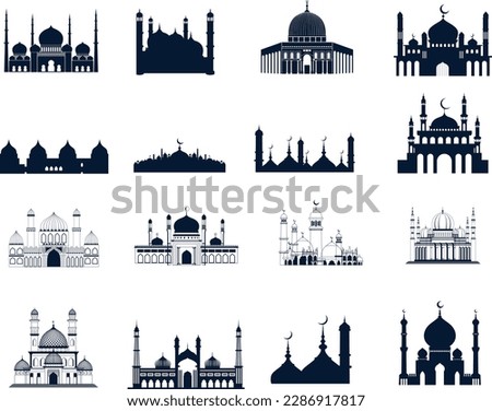 Islamic Mosque Buildings Silhouettes set. Black silhouettes of islamic cityscape shoving mosques, minarets with crescents on the tops of dome roofs and castles.