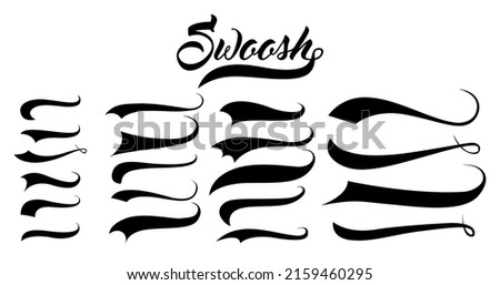 Calligraphic swoosh tail set, underline marker strockes. Sport logo typography elements. Texting letters tail for lettering or baseball club. Vector illustration.