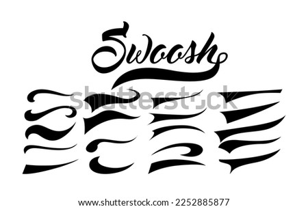 Calligraphic swoosh tail set, underline marker strockes. Sport logo typography elements. Texting letters tail for lettering or baseball club. Vector illustration.