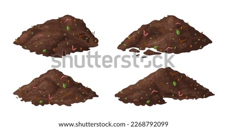 Set of Organic soil heap for compost, garden recycling natural garbage. Earth worms and biodegradable trash. Vector illustration.
