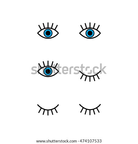 Abstract set with open, winking and closed eyes. Vector illustration.
