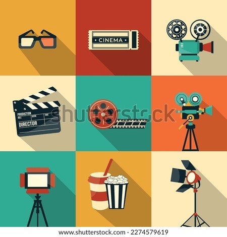 collection of Cinema Icons, for Movies and Entertainment with the concept of Film Strip, Popcorn, Video Clip, 3d Glasses and more. Set of vector illustrations of cinema movies on colorful backgrounds.