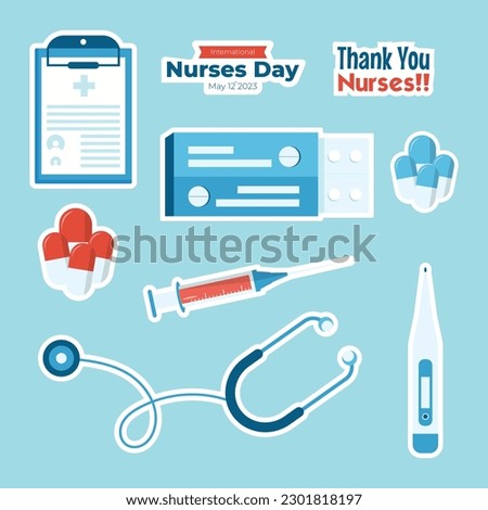 set of illustration icons for international nurses day with concept of medical equipment line heartbeat, stethoscope, clipboard top view, syringe and medicine. happy nurses day simple blue background.