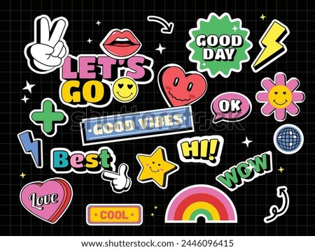 collection of doodle cartoon stickers in the form of colorful happy smiling face labels.