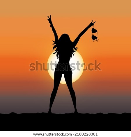 Silhouette of woman holding upper part of her bikini in the air during sunset. Happy girl is enyoing the moment and feeling free. Vector illustration.
