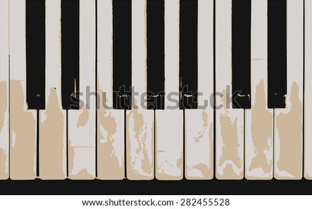 Old piano keys. Closeup, top view.