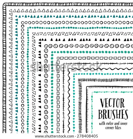 Hand drawn decorative vector brushes with inner and outer corner tiles. Dividers, borders, ornaments. Ink illustration. 