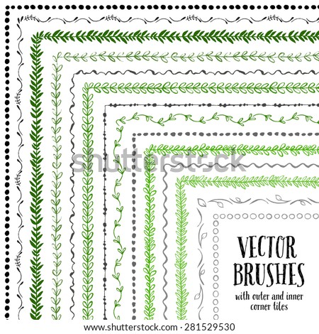 Hand drawn decorative vector brushes with inner and outer corner tiles. Dividers, borders, ornaments. Ink illustration.
