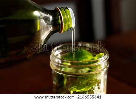home made pesto basil oil for aroma therapy or cooking italian cuisine fresh homegrown healthy organic natural lifestyle basilico olive oil and grape seeds oil massage ストックフォト © 