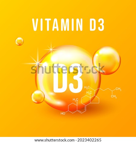 Vitamin D3 chemical formula vector illustration. Vitamin D3 gold icon. Cholecalciferol pill capsule. Vitamin gold shining pill capsule icon. Vitamin D3. Cholecalciferol drop pill capsule