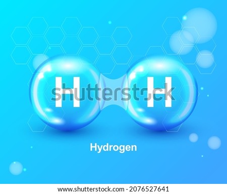 Hydrogen H2 3d Icon Concept. Renewable Eco Energy. Hydrogen Energy Powered by Renewable Electricity. Hydrogen H2 Vector Illustration. Chemistry model. Two blue volume atom spheres