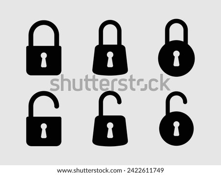 Lock icon set. Lock and unlock vector icon set. Lock and unlocked padlock symbol of device security. Privacy symbol vector stock illustration. Round and square shape padlock